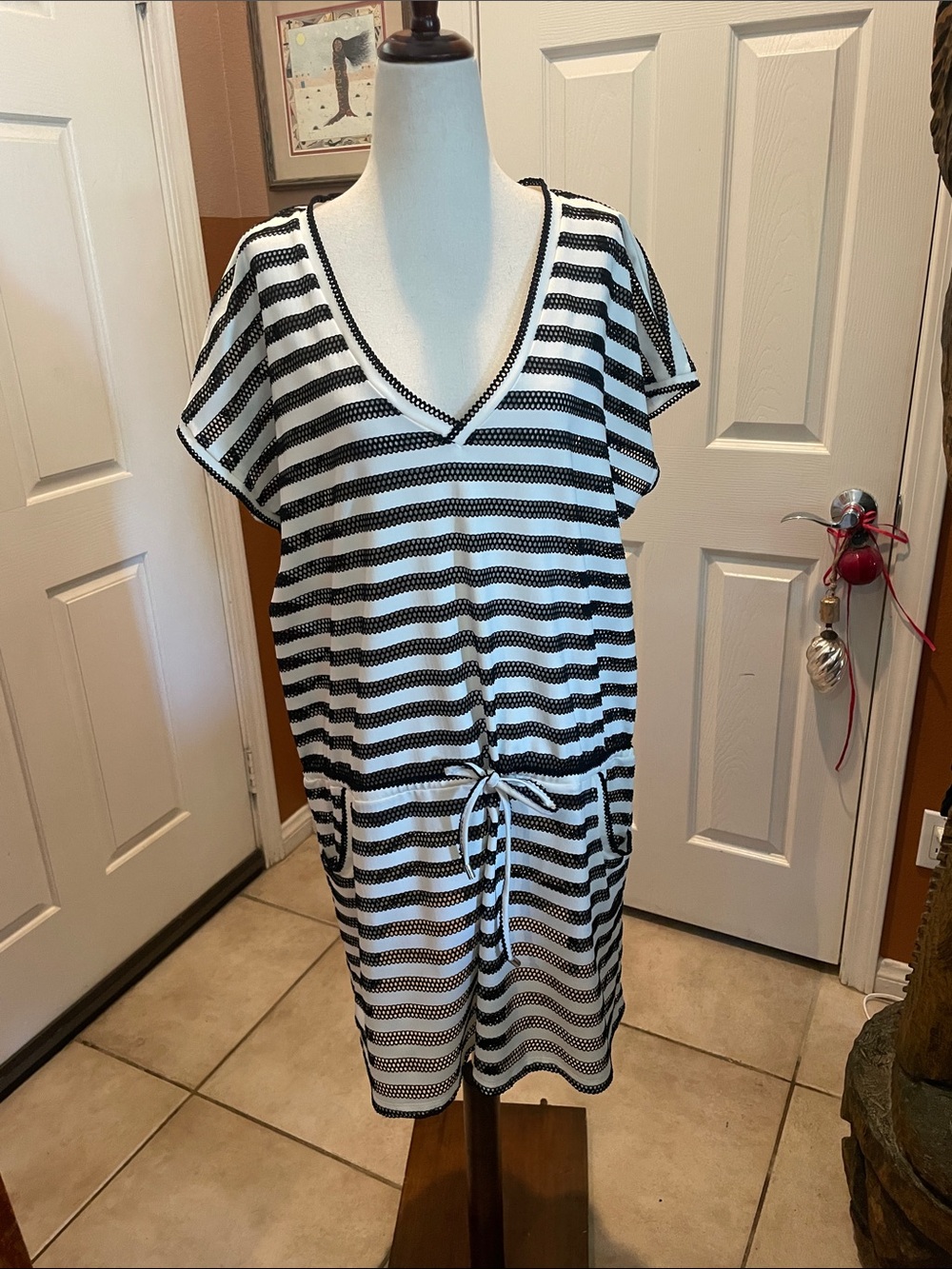 Calvin Klein Black & White Striped V‑Neck Swim Coverup